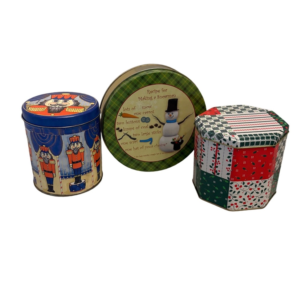 3 Vintage Christmas Tins Nutcracker Snowman Patchwork Holiday Decor Storage